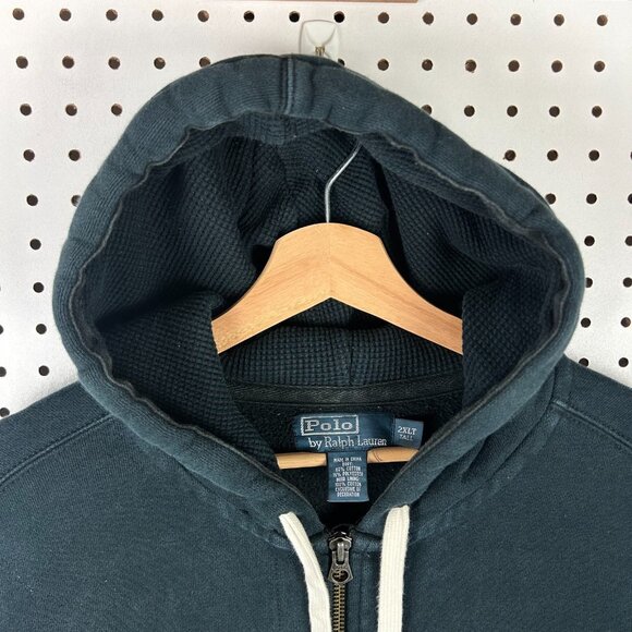 Polo Ralph Lauren Hoodie 2XLT Black Full Zip Waffle Lined Red PONY Fade Jacket - Picture 4 of 7